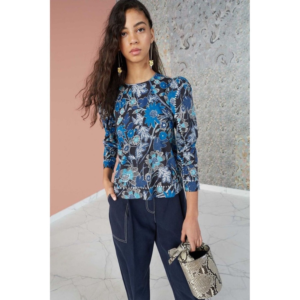 Ulla Johnson Terese Floral Blouse Lapis Blue Sz 6 Boho Coastal